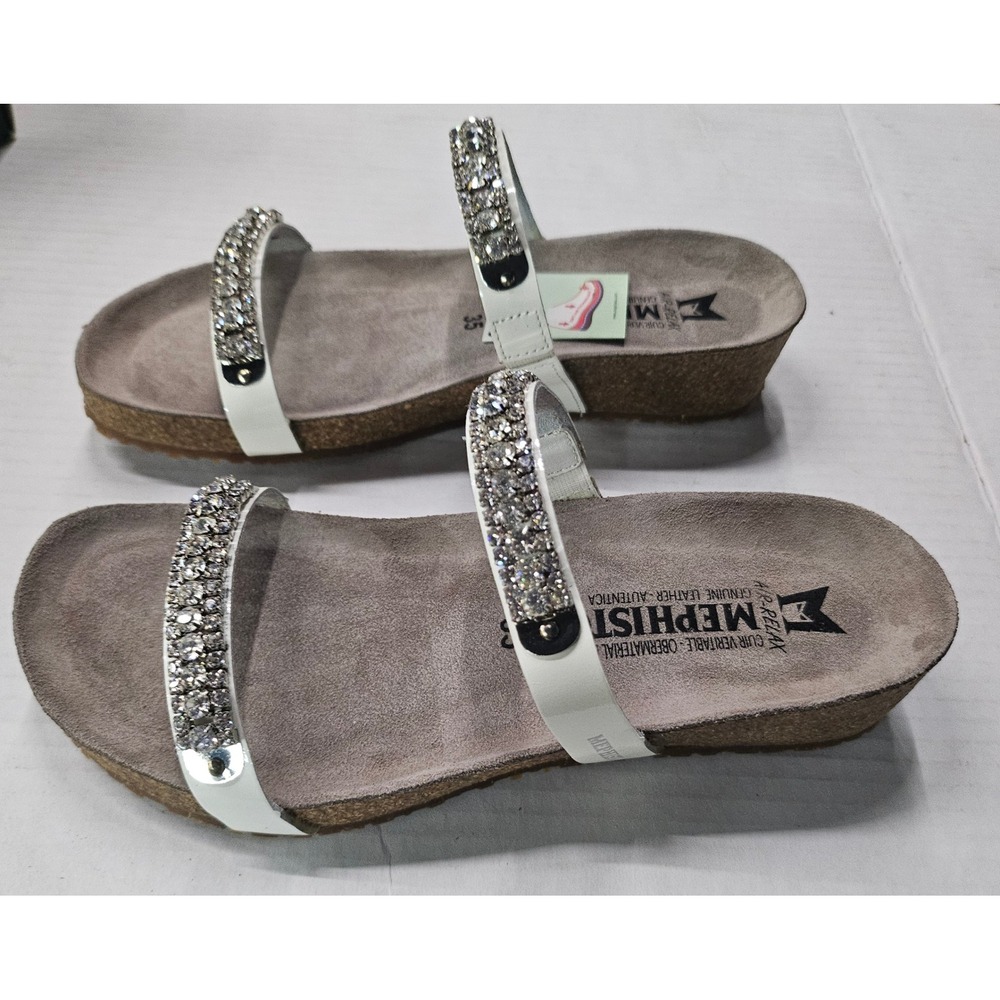 Mephisto Ivana Sandals Women 5 White Rhinestone Patent Leather Wedge Slides NEW - Picture 3 of 10